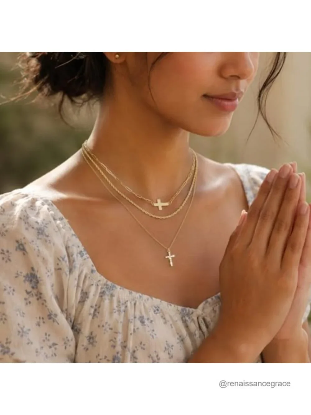 14K Gold Plated Cross Necklace Set for Women, 3 Layer Pendant Layering